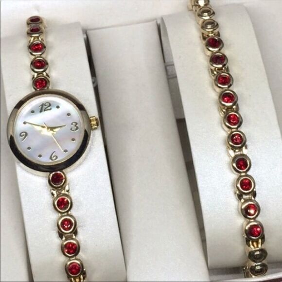 WATCH and Bracelet Set! Gold color Red stones new! - Picture 1 of 5